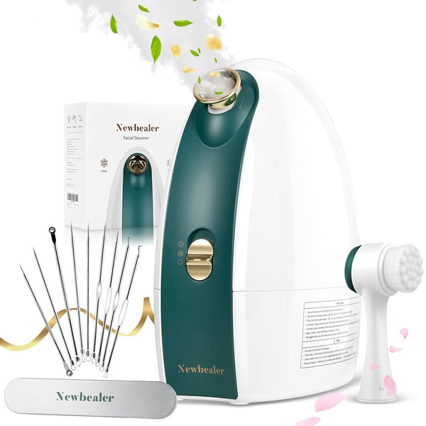 Newbealer Facial Steamer, 3in1 Aromatherapy Face Humidifier, 20 Min Hot & 60 Min Cold Nano Ionic Steam, 180ml Sinuses Moisturizing Cleansing Pores, Bonus 9-Piece Blackhead Remover Kit and Face Brush