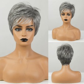 HAIRCUBE Real Hair Wig, Short Natural Omber Wigs for Women, Heat-Resistant Wig, Grey to White, for Daily Use