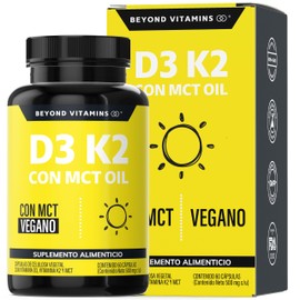 Vitamina D3 + K2 + MCT Oil | Sin Azúcar - Suplemento Alimenticio Vegano Beyond Vitamins - Ingredientes NON GMO (60 Cápsulas)