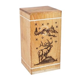 HIND HANDICRAFTS Handcrafted Floral Engraved Wooden Urns for Human Ashes Adult Large - Cremation Urn for Ashes - Burial Urn for Columbarium - Funeral Urn Box (Buck Deer Mountain, 250 LB - Hardwood)