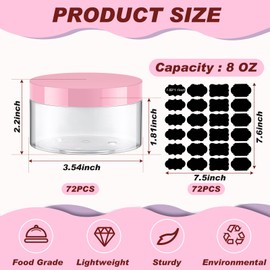 Dandat 72 Pcs 8 oz Plastic Jars with Lid and Label PET Cosmetic Containers Leak Proof Empty Cosmetic Jars Refillable Storage Travel Containers for Lotion Cream Gel Powder(Pink)