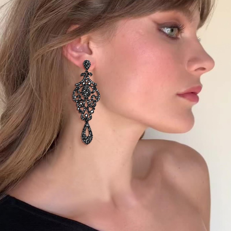 Flyonce Crystal Wedding Vintage Flower Pattern Hollow Drop Chandelier Earrings