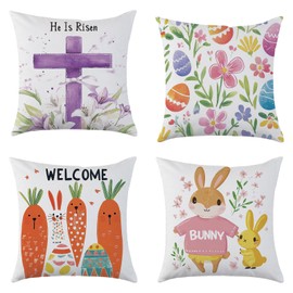 Mimkus Easter Pillow Covers 18x18 Set of 4 Bunny Carrots Colorful Flower Pillowcase Soft Velvet Spring Easter Farmhouse Decor Cushion Case for Couch Sofa Patio Garden