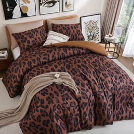 JANZAA Cheetah & Leopard Print Comforter Set Queen Size - 3 Pieces Animal Print Comforter Set, Fluffy Cozy Chic Faux Fur Brown/Pink Print Bedding Set with 2 Pillowcases for All Season