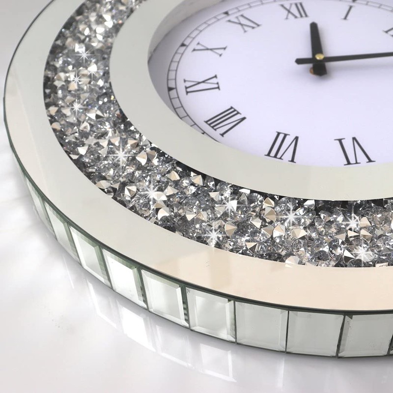 DMDFIRST Silver Round Mirror Clock 20x20inches Crystal Sparkle Twinkle Bling
