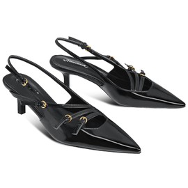 MUCCCUTE Black Kitten Heels for Women Pointed Toe Slingback Low Heels with Buckle Strap Heeled Pumps US Size 9.5