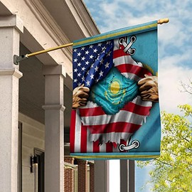 PERFECTMEN Flags-Proud Kazakh American Flag Ripped Flag Kazakhstan Strong House Flag (29.5" x 39.5")-USA Flags Premium Polyester-Decorative Indoor Outdoor Flag