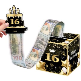 16th Birthday Money Box for Boys Girls, 16 Years Old Birthday Decorations, Fun Pull-Out Cash Gift Box for Parties, Ideal for 16th Birthday Surprises （with 35PCS Bags）