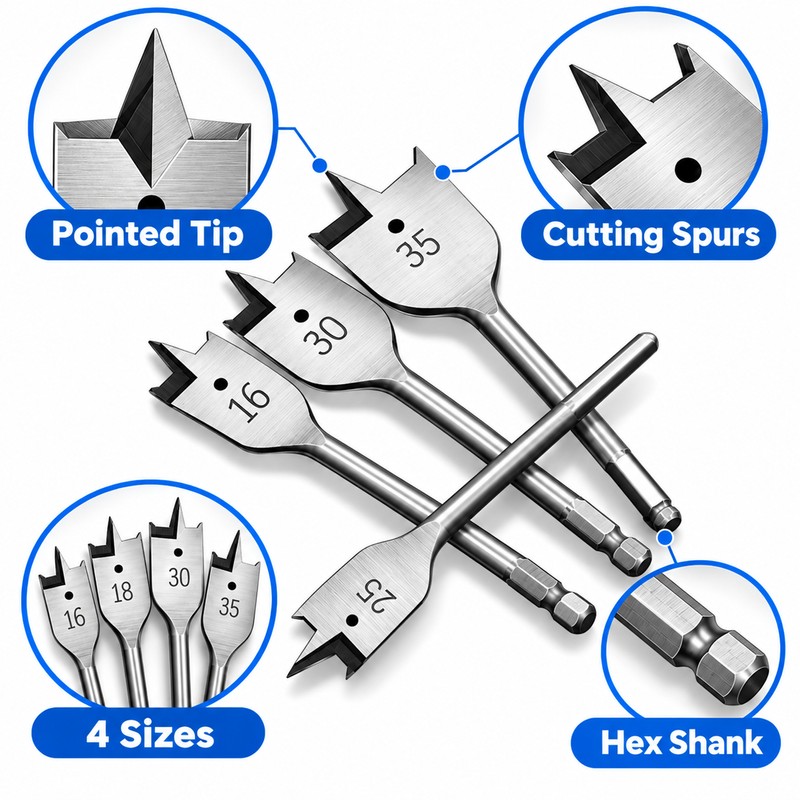 14, 16, 18, 30, 35mm Flat Wood Drill Bit, Hex