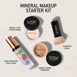 KYDA Mineral Makeup Kit, Includes SPF 50 Color Correcting Primer, SPF 35 Loose Powder Foundation + Translucent Loose Setting Powder, Foundation Brush, Makeup Starter Set, Travel Size - Fair Light