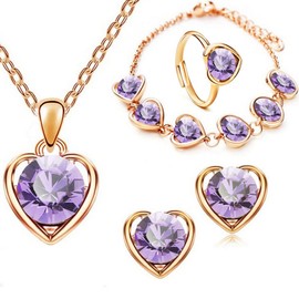 QKEPCY Love Heart Jewellery Set 4 PCS Fashion Heart Necklace Earrings Ring Bracelet Set Bridal Wedding Jewellery Set Rhinestone Set Sparkly Crystal Dangle Drop Set for Women and Girls (Purple)