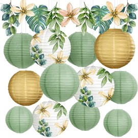 YBwanli Paper Lanterns Party Decoration, Pack of 13 Retro Olive Sage Green and Flower Lantern Garland, for Home Decoration, Christening, Communion, Confirmation, Youth Consecration Decoration