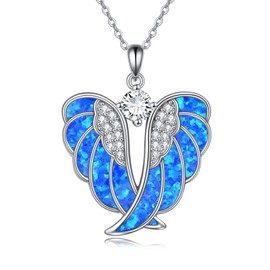 YAFEINI Angel Wings Necklace 925 Sterling Silver Blue Opal Guardian Angel Pendant Necklace Wings Jewellery for Women Girls Gifts (Blue opal wings)