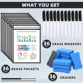 108 Pcs Job Ticket Holders Set Include 36 Reusable Dry Erase Pockets Sleeves, 36 Marker and Dry Erasers Work Order Clear Plastic Sleeves Sheet Protectors for Teacher Classroom Work