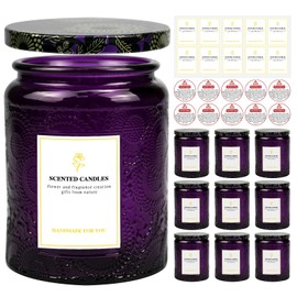 8.8OZ, 9 Pack Embossed Candle Jars for Making Candles, Glass Containers with Tin Lids and Sticker Label, Warning Label for Candle Making Candle DIY Craft (Purple)