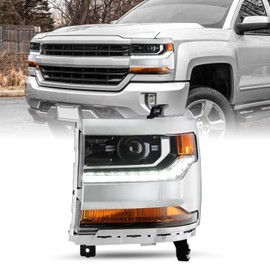 SOCKIR HID/Xenon Fit for 2016 2017 2018 Chevy Silverado 1500/2019 Chevy Silverado 1500 LD Projector Headlight Assembly w/LED DRL Factory Headlamp, Chrome Housing Left Driver Side