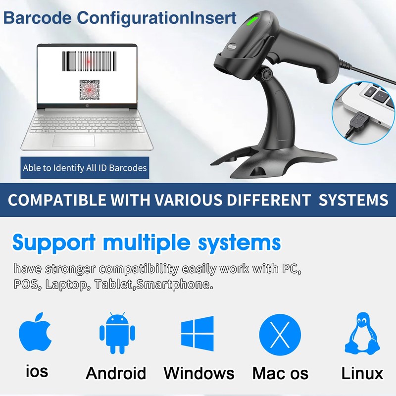 Barcode Scanner with Stand USB Wired Inventory 2D 1D QR