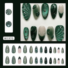 3D Press on Nails Medium Almond Fake Nails Green Water Droplet Leaves Designs French Tip Glue on Nails Glossy Full Cover Acrylic Nails Almond Nails Press Ons for Women Manicure 24Pcs