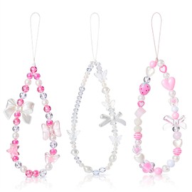 KFHENSOMR 3pcs Cute Beaded Phone Lanyard Wrist Strap, Beaded Pearl Butterfly Cell Phone Charm Straps, Pearl Bracelet Wrist Strap for Bag Camera Pendants Decor, Aesthetic Pink Bow Cellphone Keychain