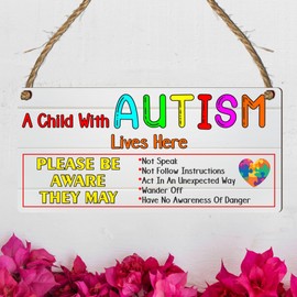 A Child with Autism Lives Here - Essential Autism Safety Awareness MDF Wood Plaque - Colourful Indoor Sign with Important Safety Reminders
