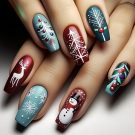 Christmas Press on Nails Long Square Fake Nails with Christmas Tree Designs Xmas Gloss False Nails Full Cover Stick on Nails Acrylic Winter Red Artificial Nails for Women Glue on Nails