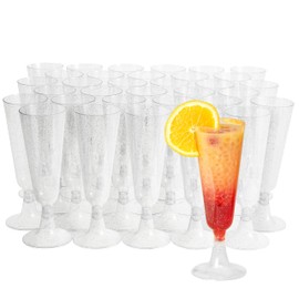 MATANA 24 Premium Plastic Champagne Flutes with Silver Glitter, 150ml - Reusable Toasting Glasses, Cocktail Prosecco Glasses for Weddings, Birthdays, Christmas, BBQ, Parties