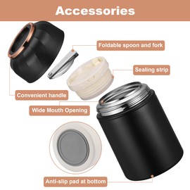 TranRantic Food Thermos, 17oz Insulated Food Container with Foldable Fork and Spoon Stainless Steel Double Walled Thermos Food Container, Leakproof Food Jar for Hot and Cold Meals (Black)