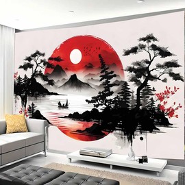 FENDROM Japanese Red and Black Forest Tapestry, Anime Mountain Tree Sun Aesthetic Tapestry Wall Hanging, Cool Asian Dark Nature Landscape Tapestries Ink Art Decor for Living Room College Dorm