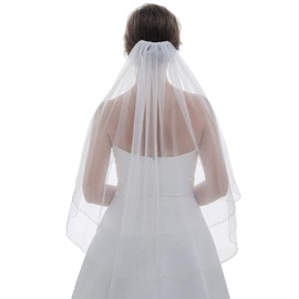 2T 2 Tier Silver Bugle Beaded Bridal Veil - Light Ivory Fingertip Length 36" V207