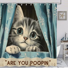 Aeyadis Funny Black Cat Shower Curtain, Fun Joke Humor Kids Shower Curtains Set for Bathroom Decor, Teal Fabric Cloth Waterproof with 12 Hooks, 72x72 Inch