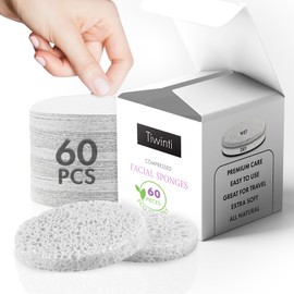 TiwinTi 60 Count Compressed Facial Sponges - Natural Wood Pulp Round Esthetician Face Sponges for Cleansing, Daily Face Washing, Exfoliating Makeup, and Mask Removal (White)