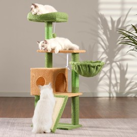 Hey-brother Cat Tree, 42.5-Inches Cat Tower for Indoor Cats, Plush Multi-Level Kitten Cat Condo with Scratching Post,Ramp, Basket, Spacious Cat Cave, Hanging Ball, Green and Yellow MPJ007SGY