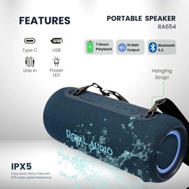ROYAL AUDIO RAS02 Wireless Portable Bluetooth Speaker with IPX5 Waterproof Design, Bassboom Stereo Sound, TWS Pairing, 7 Hours Playtime, RGB Lights and FM Radio for Home and Outdoor Use (Blue)