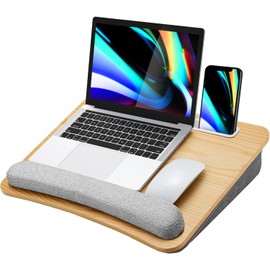 HUANUO Lap Laptop Desk - Portable Lap Desk with Pillow Cushion, Fits up to 15.6 inch Laptop, with Anti-Slip Strip & Storage Function for Home Office Students Use as Computer Laptop Stand - Light Wood