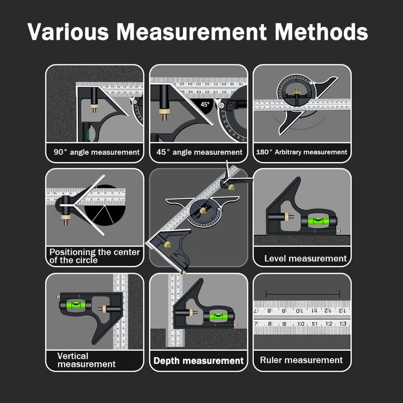 HYSHLC Combination Square 300 mm Set Carpenter's Angle Adjustable Protractor