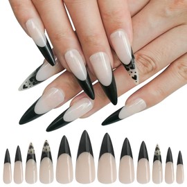 AddFavor 24pcs Stiletto Press on Nails Long Full Cover Glossy Nude Black Heart French Design Acrylic Artificial Fake Nails Stick on Nails