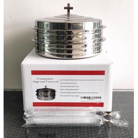 Polished Stainless Steel 2 Communion Cups Tray with Cover for Church Service,Stackable 2 Communion Holy Serving Trays with Cover for Communion Cups,Church Communion Trays Serving Ware Sets
