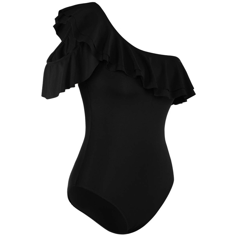 Hilor Women's One Piece Swimsuits One Shoulder Swimwear Asymmetric Ruffles