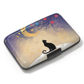 Atufsuat Credit Card Holder, Mini Aluminum Card Wallet RFID Blocking Slim Metal Hard Card Case for Women Men, Moonlight Cat