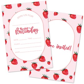 ZARYFANCHY Berry Birthday Invitation Cards, Strawberry Birthday Party Invites for Women Girls, 20 Set of Double-Sided Fill-in Invitation with Envelopes, Birthday Party Celebration Supplies -005