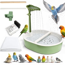 Indoor Bird Bath Fountain with Leaf Rainfall Shower, Adjustable Water Flow, Anti-Clog Filter Pump, PP & Wood Perches, Parrot Shower Bath for Parakeet, Cockatiel, Lovebird and Small Birds
