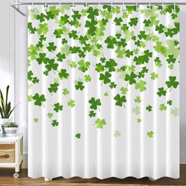 St. Patrick's Day Shower Curtain, Green Clover Leaf Irish Shamrock Shower Curtain, Green Lucky Clover Leaves Shower Curtain Green St. Patrick's Day Clover Shower Curtain Set with Hooks, 72x72 inches