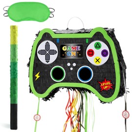 WERNNSAI Pull String Video Game Pinata - Game Controller Pinata with Blindfold and Bat for Boys Kids Game Birthday Party Decoration Supplies Mini Foldable Pinata for Birthday Celebration Game