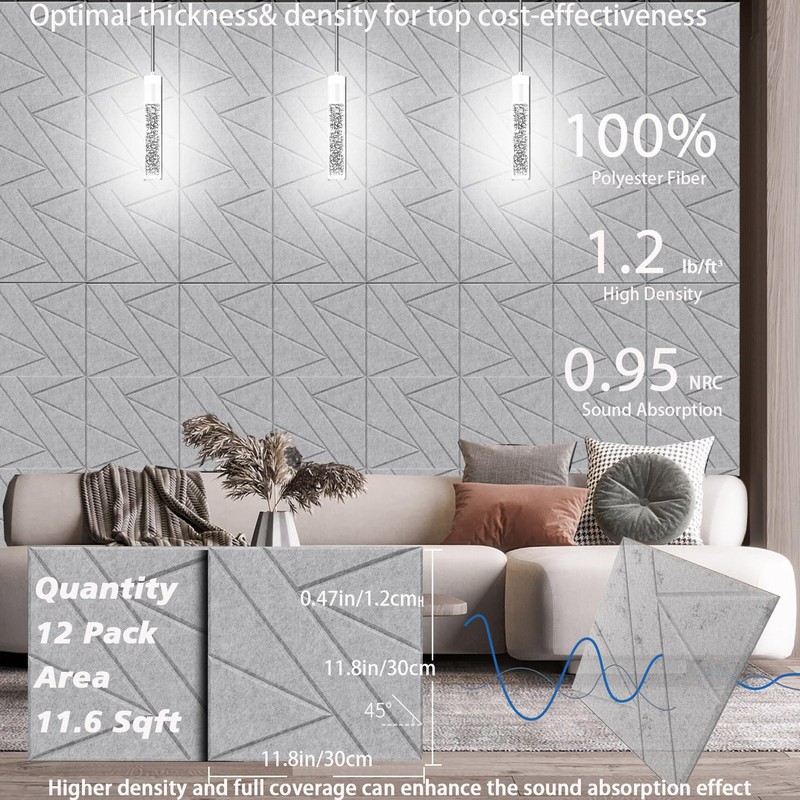 12 Pack Self-Adhesive Soundproof Wall Panels, 12 x 12 x