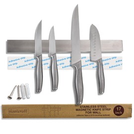 Hamletoff Magnetic Knife Strip for Wall no Drilling – 17 Inch Stainless Steel Magnetic Knife Holder with Strong Adhesive Tipe - Kitchen Magnet Knife Bar with Screws (Upgraded Version)