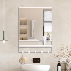 LETSFIELD Bathroom Mirror with Shelf and Hooks for Wall, 28 x 21 Inch Modern Rectangle Wall Mirror for Bathroom, Metal Framed Bathroom Vanity Mirror for Over Sink, Entrance, Farmhouse (White)