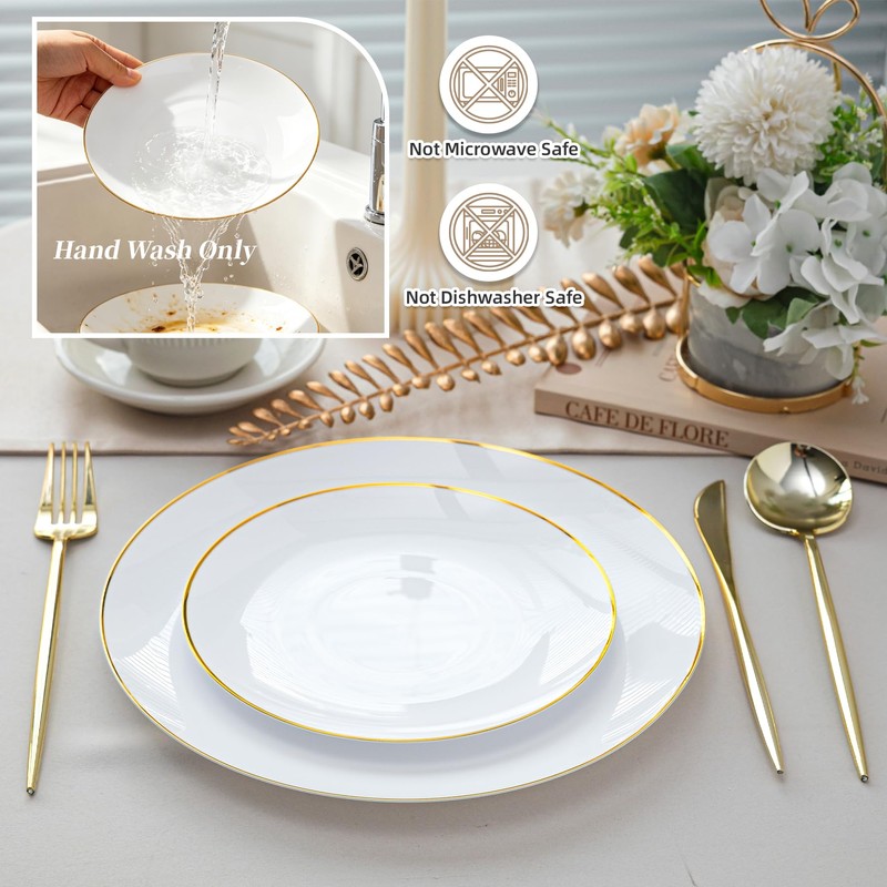 N9R 150PCS White Plastic Plates with Disposable Silverware Set, Gold