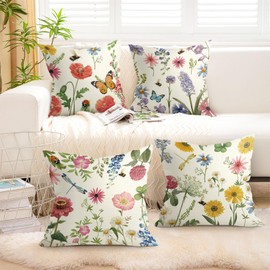 Joymasion Cushion Covers 45 x 45 cm Set of 4 Spring Summer Flowers Decorative Cushion Cover Garden Flowers Dragonfly Butterflies Decorative Cushion Cover for Sofa Couch Bedroom Living Room