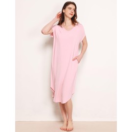 GYS Premium Bamboo Viscose Women's Nightgowns Short Sleeve V Neck Summer Pajama Dress, Pink, X-Large