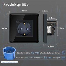 TAWOIA Schuko Socket with 20 W (Max 4 A) USB Fast Charging Interface, EU Standard 1 Socket with 2.5D Curved Glass Plate Wall Sockets Black 86 x 86 mm